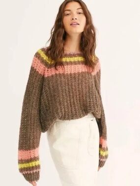 Free People Brown Alpaca Crewneck Sweater with Pink and Yellow Stripes